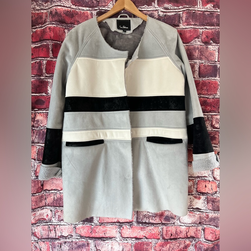 Sam Edelman Aiden Faux Suede Faux Shearling Car Coat Gray Black L